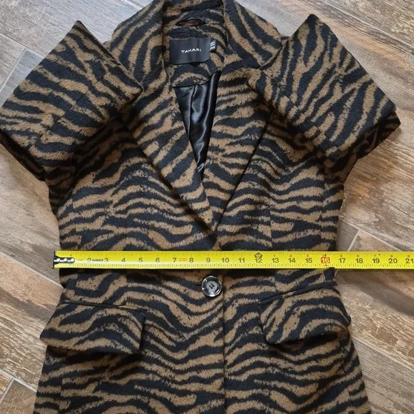 Tahari Black & Brown Wool Blend Lined 1 Button Zebra Print Midi Coat Pockets XS - Picture 5 of 9